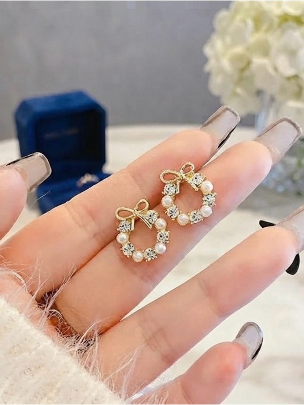 Gold Pearl Wreath Stud Earrings with Bow - Women Jewelry.3 for $10.